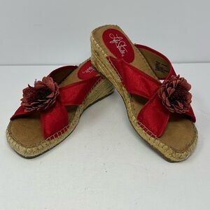 Life Stride Reef Women’s Sz 7.5 Red Flower Open Toe Espadrille Wedge Sandals E7